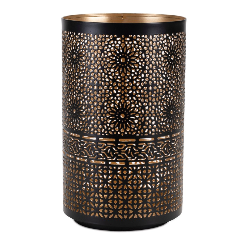 Set of Two Black And Gold Distressed Abstract Iron And Metal Tabletop Hurricane Candle Holders