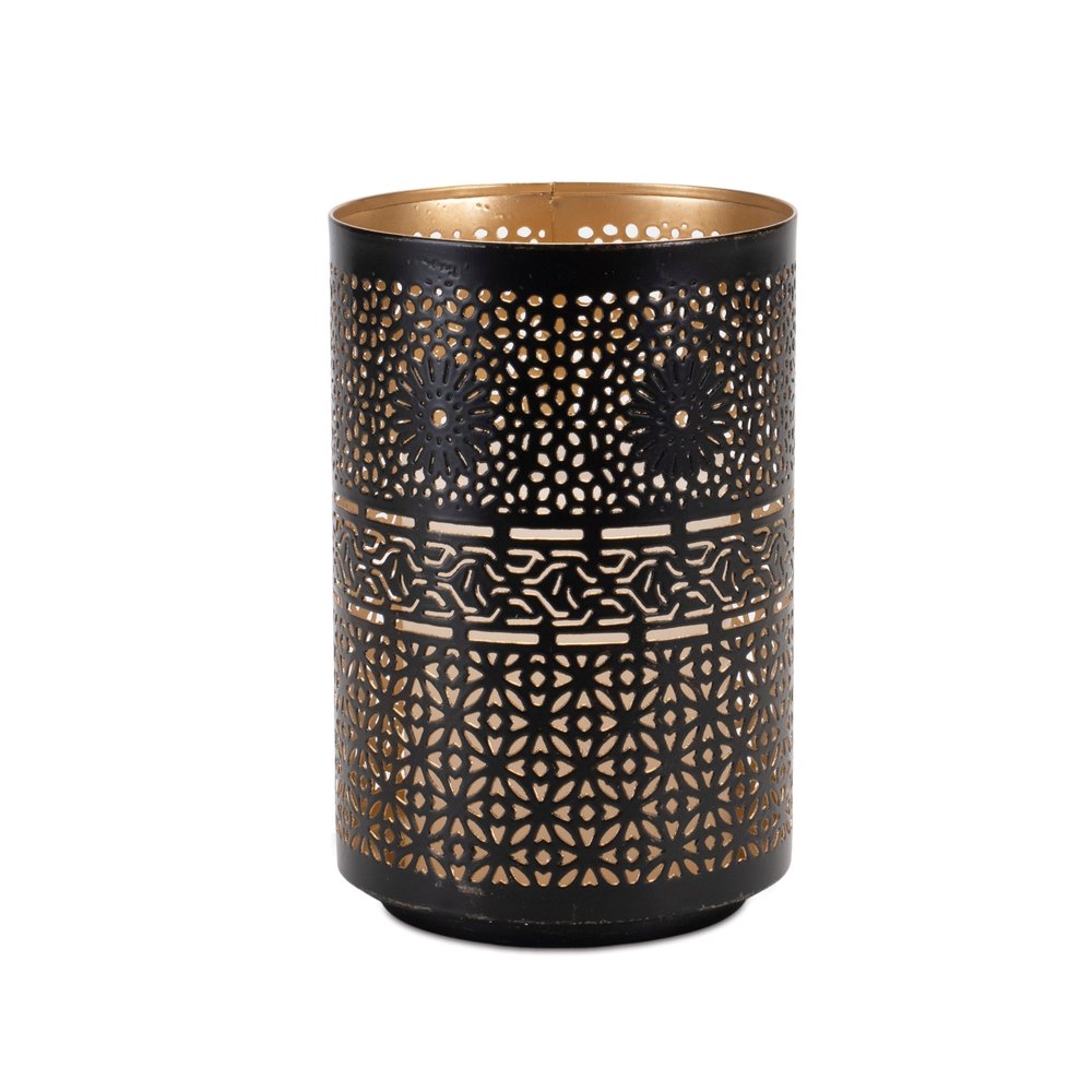Set of Two Black And Gold Distressed Abstract Iron And Metal Tabletop Hurricane Candle Holders