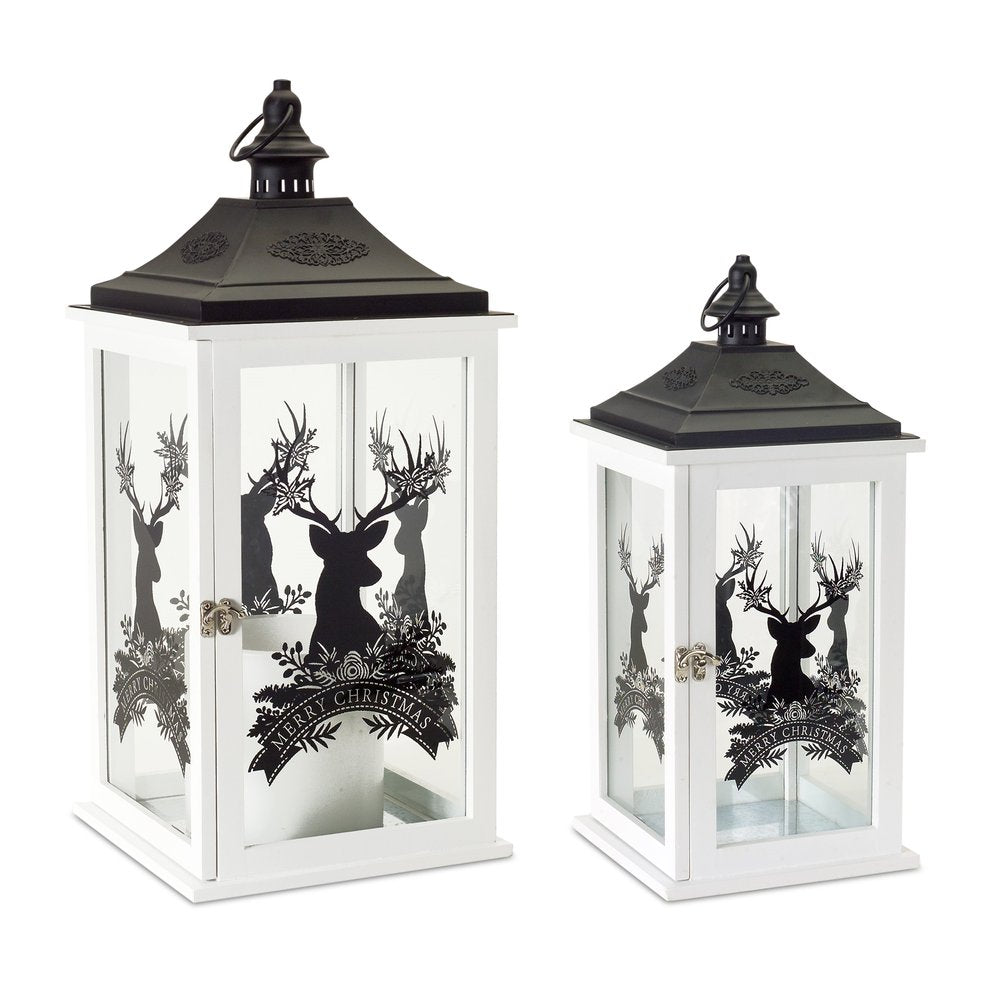 Set of Two White Abstract Wood Tabletop Lantern Candle Holders