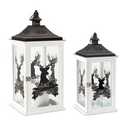 Set of Two White Abstract Wood Tabletop Lantern Candle Holders