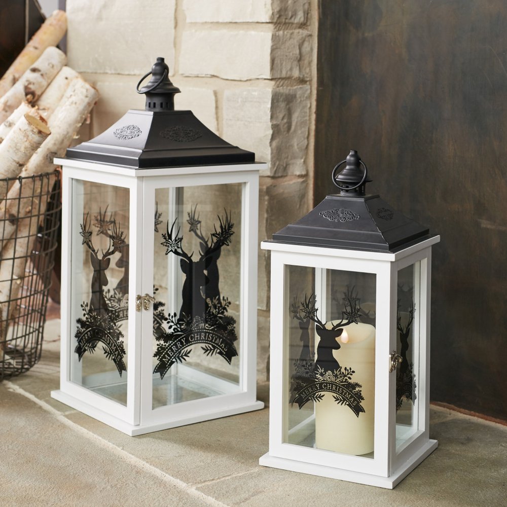 Set of Two White Abstract Wood Tabletop Lantern Candle Holders