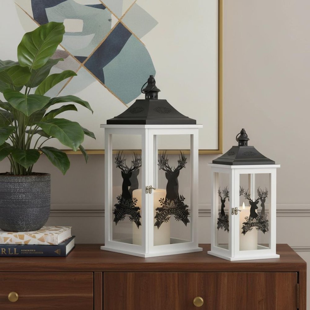 Set of Two White Abstract Wood Tabletop Lantern Candle Holders