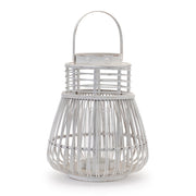 15" White Distressed Woven Manufactured Wood Centerpiece Lantern Candle Holder