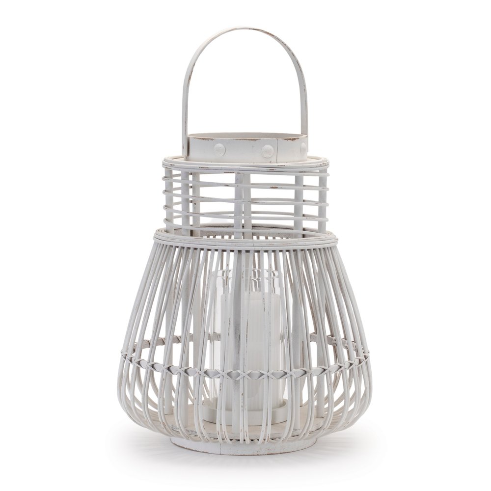 15" White Distressed Woven Wood Centerpiece Lantern Candle Holder