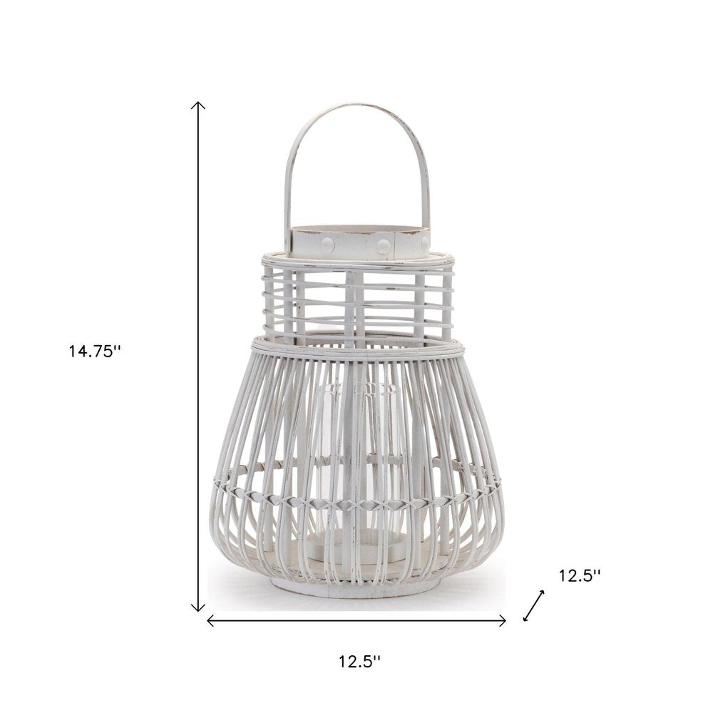 15" White Distressed Woven Wood Centerpiece Lantern Candle Holder