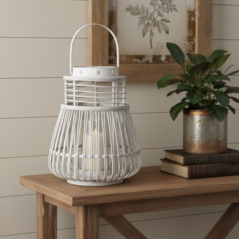 15" White Distressed Woven Wood Centerpiece Lantern Candle Holder