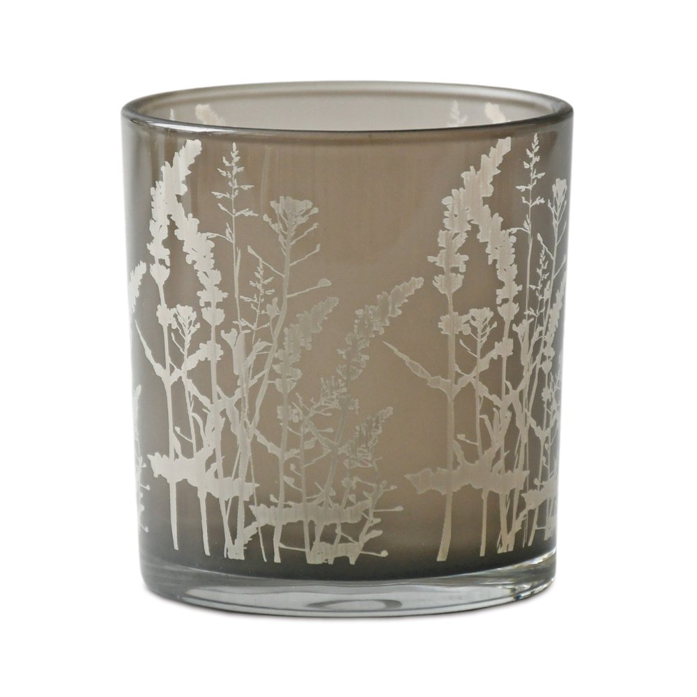 Set of Three Gray Distressed Floral Glass Tabletop Votive Candle Holders