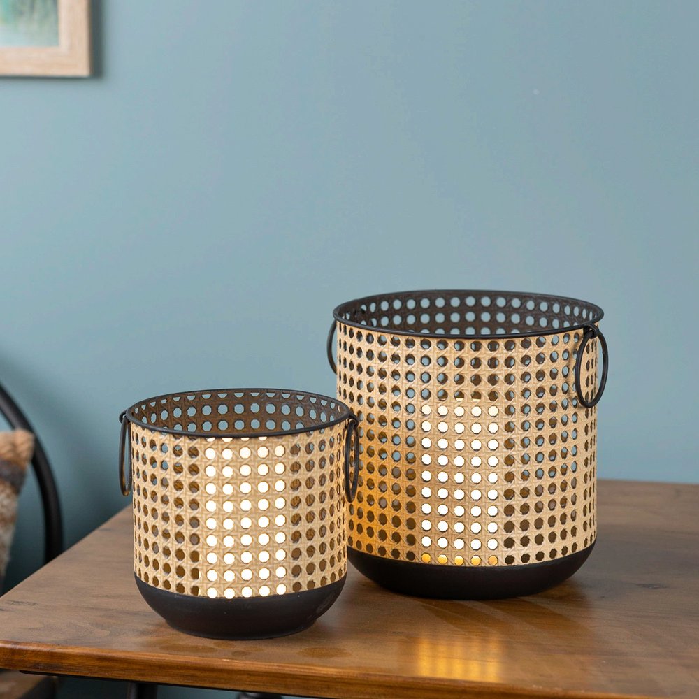 Set of Two Black And Brown Distressed Geometric Iron Tabletop Lantern Candle Holders