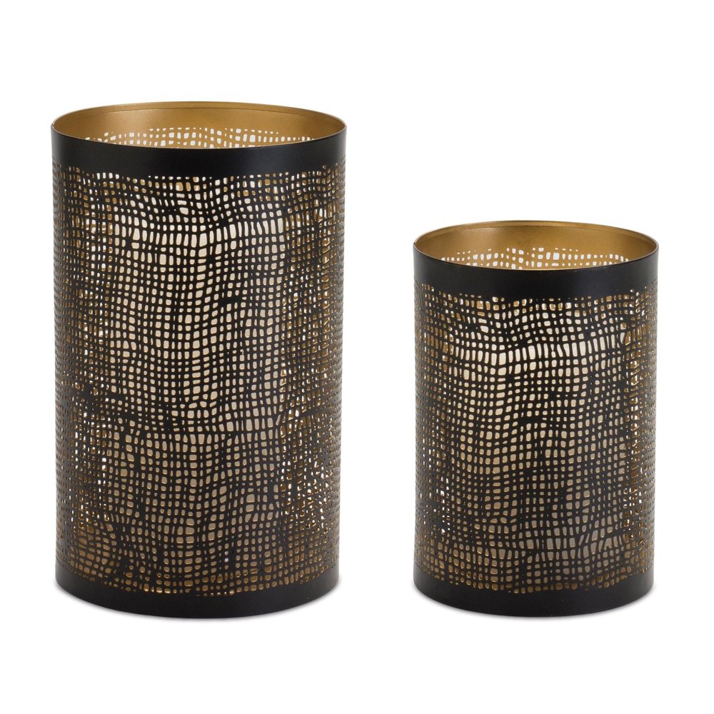 Set of Four Black And Gold Distressed Lattice Metal Tabletop Hurricane Candle Holders