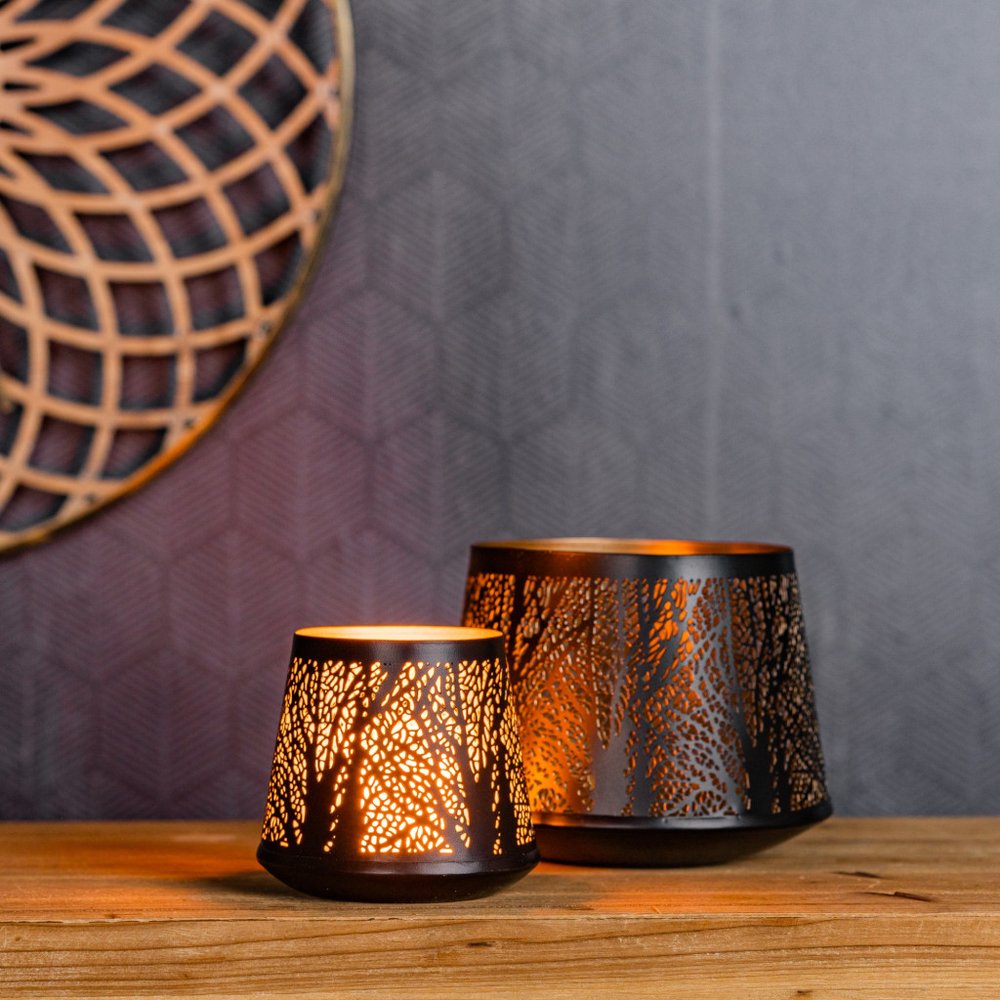 Set of Four Black And Gold Distressed Lattice Metal Tabletop Hurricane Candle Holders