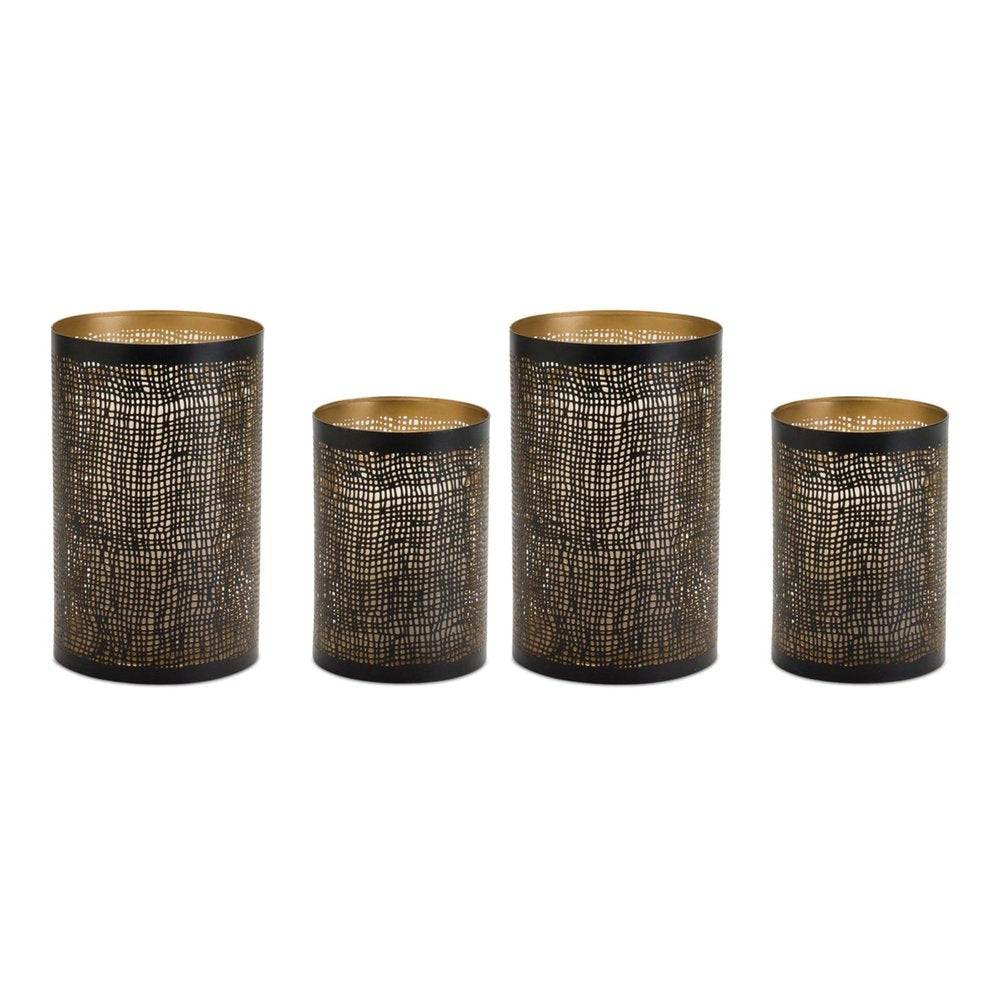 Set of Four Black And Gold Distressed Lattice Metal Tabletop Hurricane Candle Holders