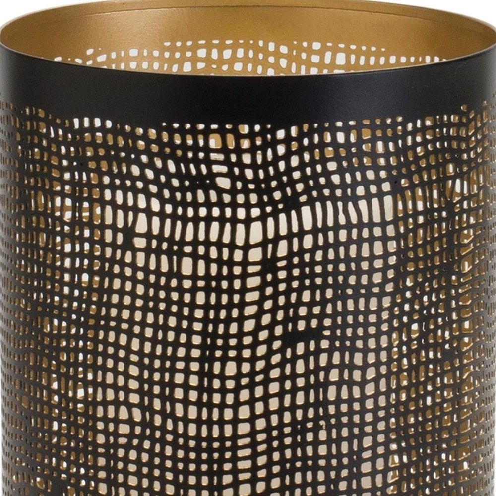 Set of Four Black And Gold Distressed Lattice Metal Tabletop Hurricane Candle Holders