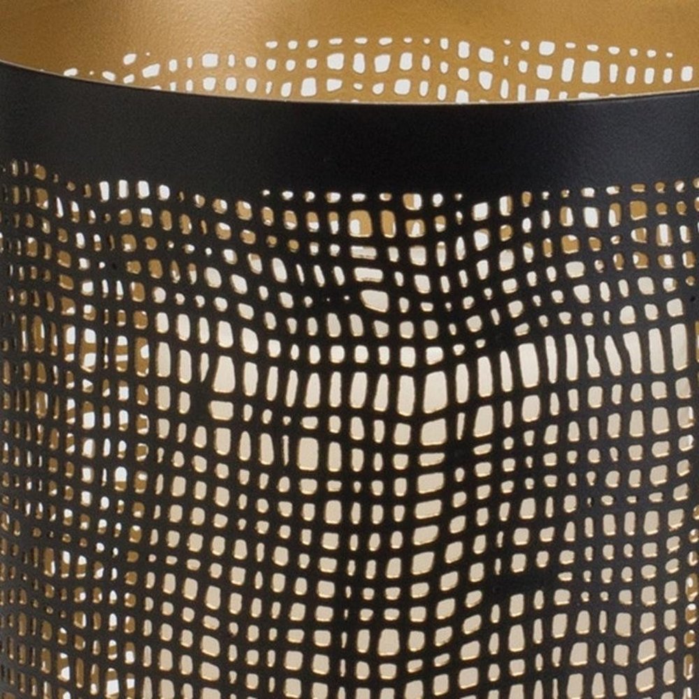 Set of Four Black And Gold Distressed Lattice Metal Tabletop Hurricane Candle Holders