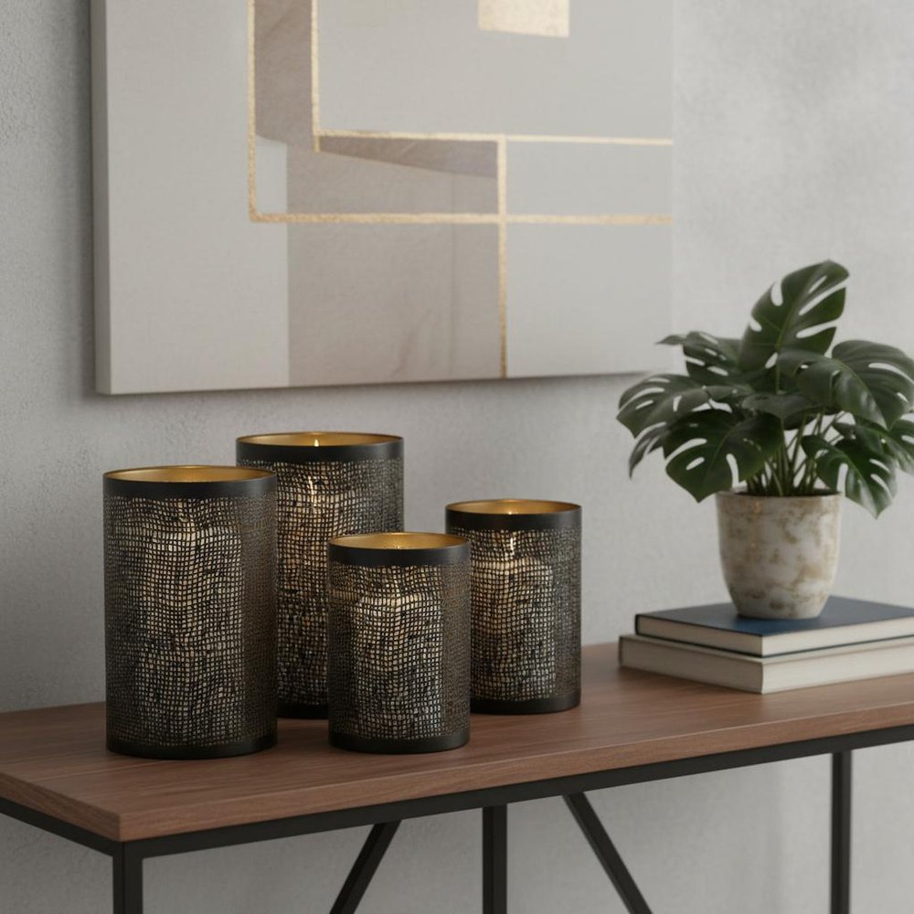 Set of Four Black And Gold Distressed Lattice Metal Tabletop Hurricane Candle Holders