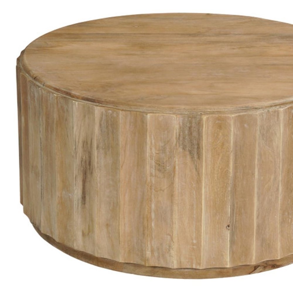 36" Brown Solid Wood Round Drum Coffee Table