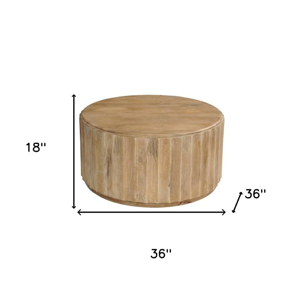 36" Brown Solid Wood Round Drum Coffee Table