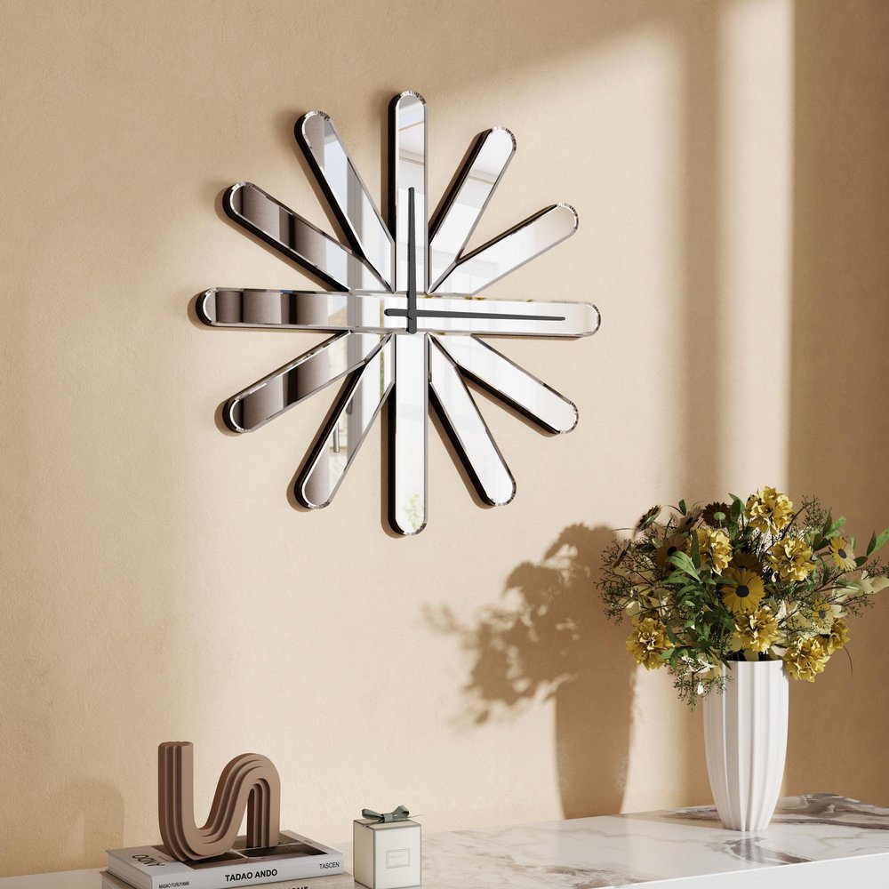 26" Silver Mirrored Glass Silent Analog Starburst Wall Clock
