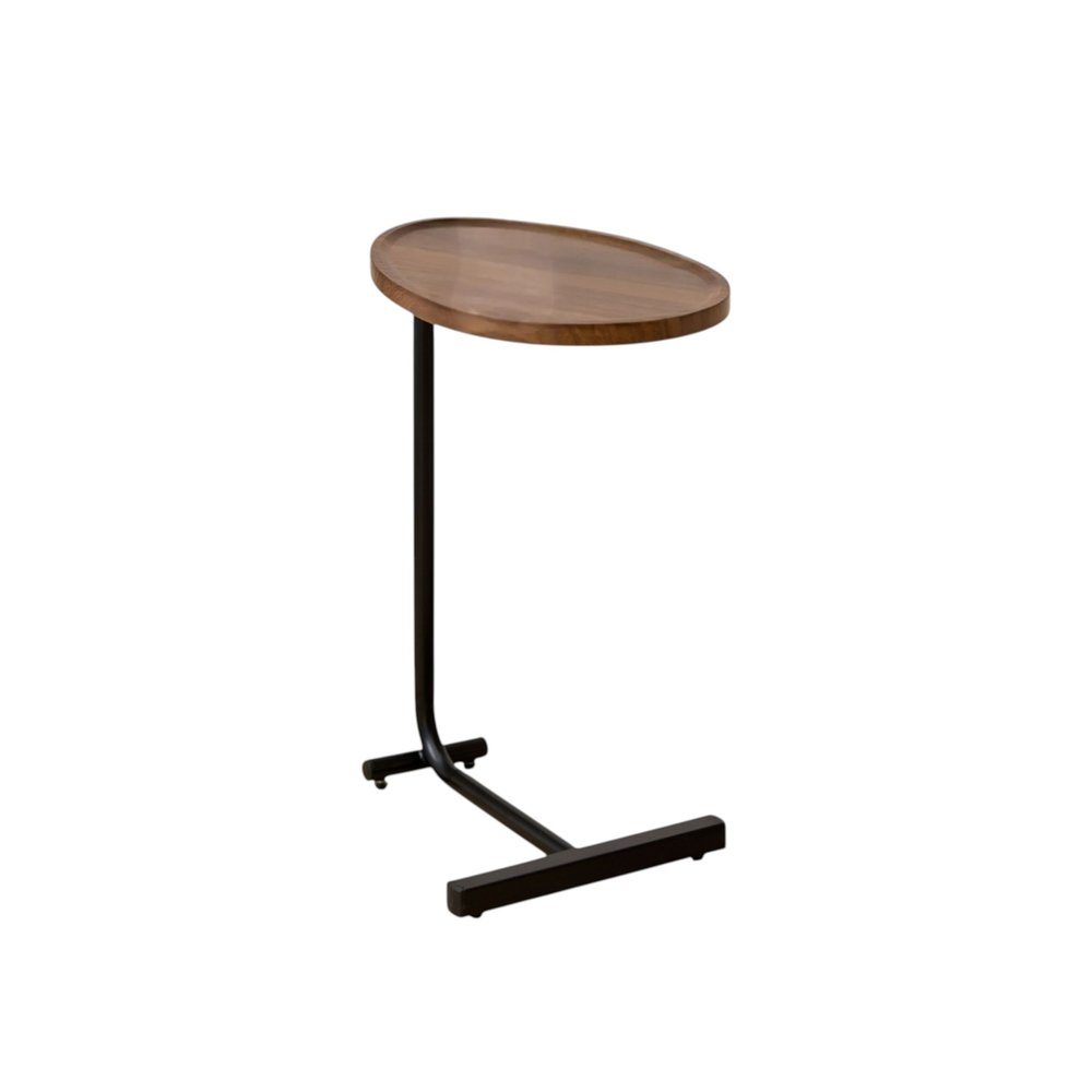 Set of Two Brown and Black Wood and Metal Oval End Tables
