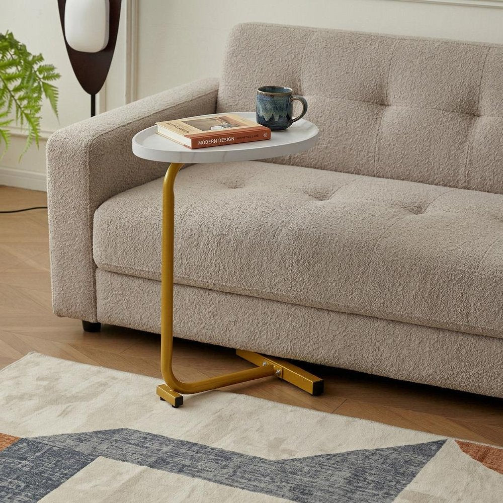 24" White and Gold Faux Marble and Metal Oval End Table