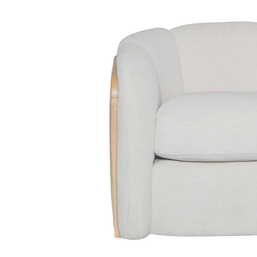 34" Off White and Natural Fabric Wood And Rattan Swivel Arm Chair
