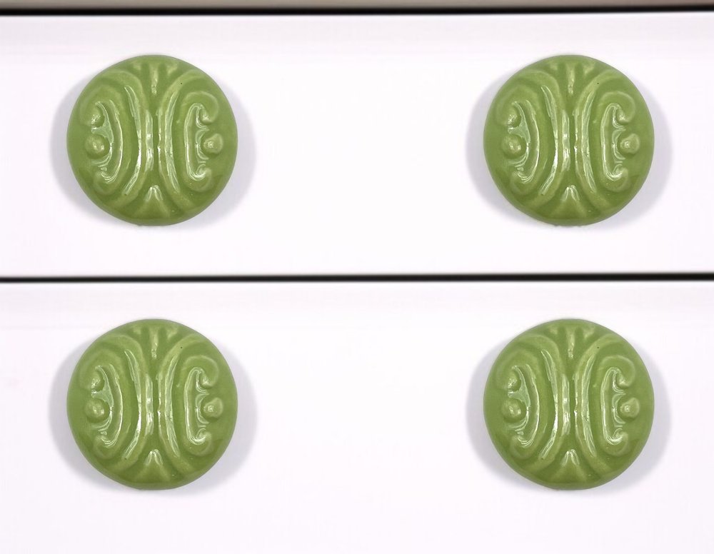 Set of Six Green Mushroom Knob Embossed Ceramic Drawer Pull Knobs