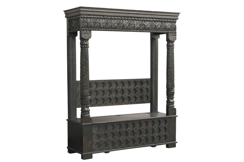70" Black Floral Solid Wood Storage Bench With Flip Top