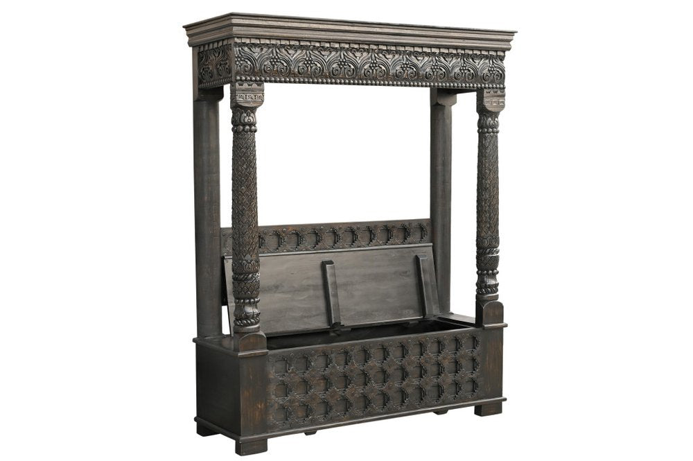 70" Black Floral Solid Wood Storage Bench With Flip Top