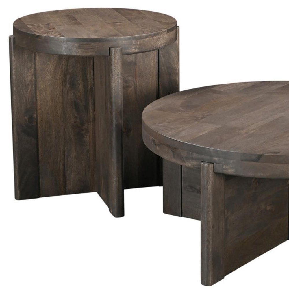 Set of Two Dark Brown Solid Wood Round Pedestal Furniture Set