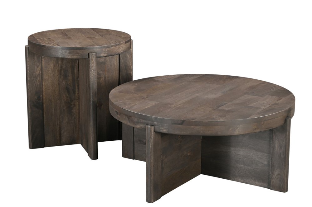 Set of Two Dark Brown Solid Wood Round Pedestal Furniture Set