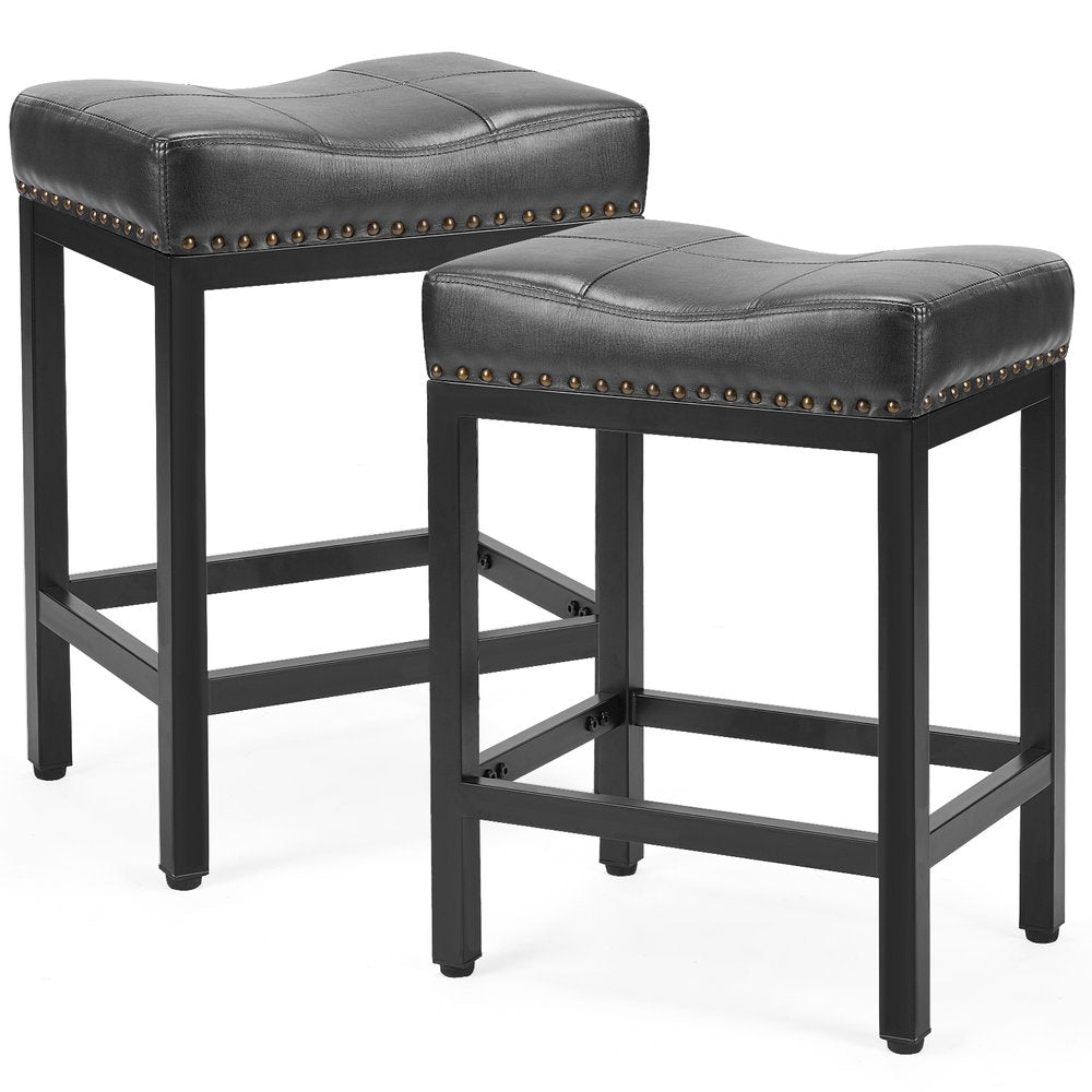 Set of Two 22" Black Faux Leather and Steel Backless Bar Chairs