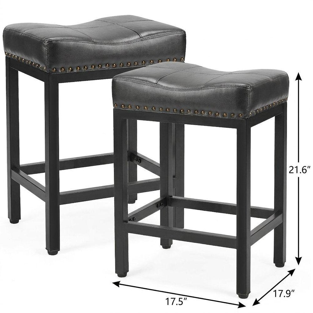 Set of Two 22" Black Faux Leather and Steel Backless Bar Chairs