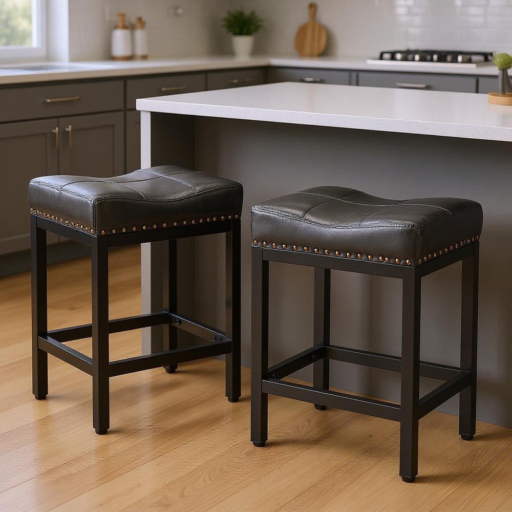 Set of Two 22" Black Faux Leather and Steel Backless Bar Chairs