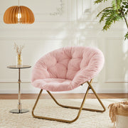 26" Pink and Bronze Tufted Faux Fur and Metal Folding Lounge Chair