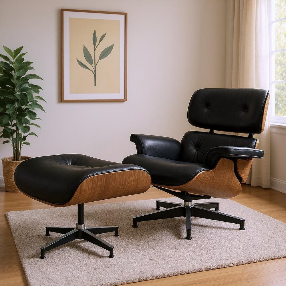 27" Black and Light Brown Tufted Genuine Leather Swivel Lounge Chair With Ottoman