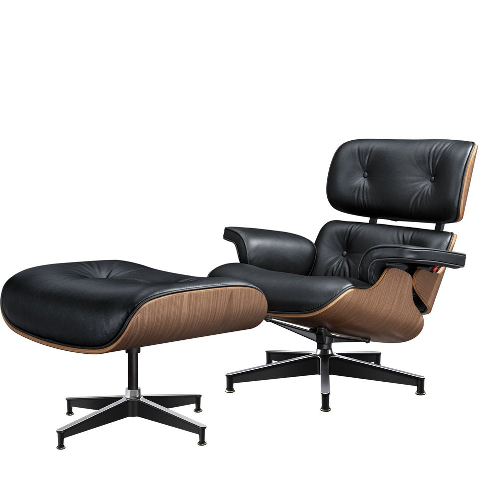 27" Black and Light Brown Tufted Genuine Leather Swivel Lounge Chair With Ottoman