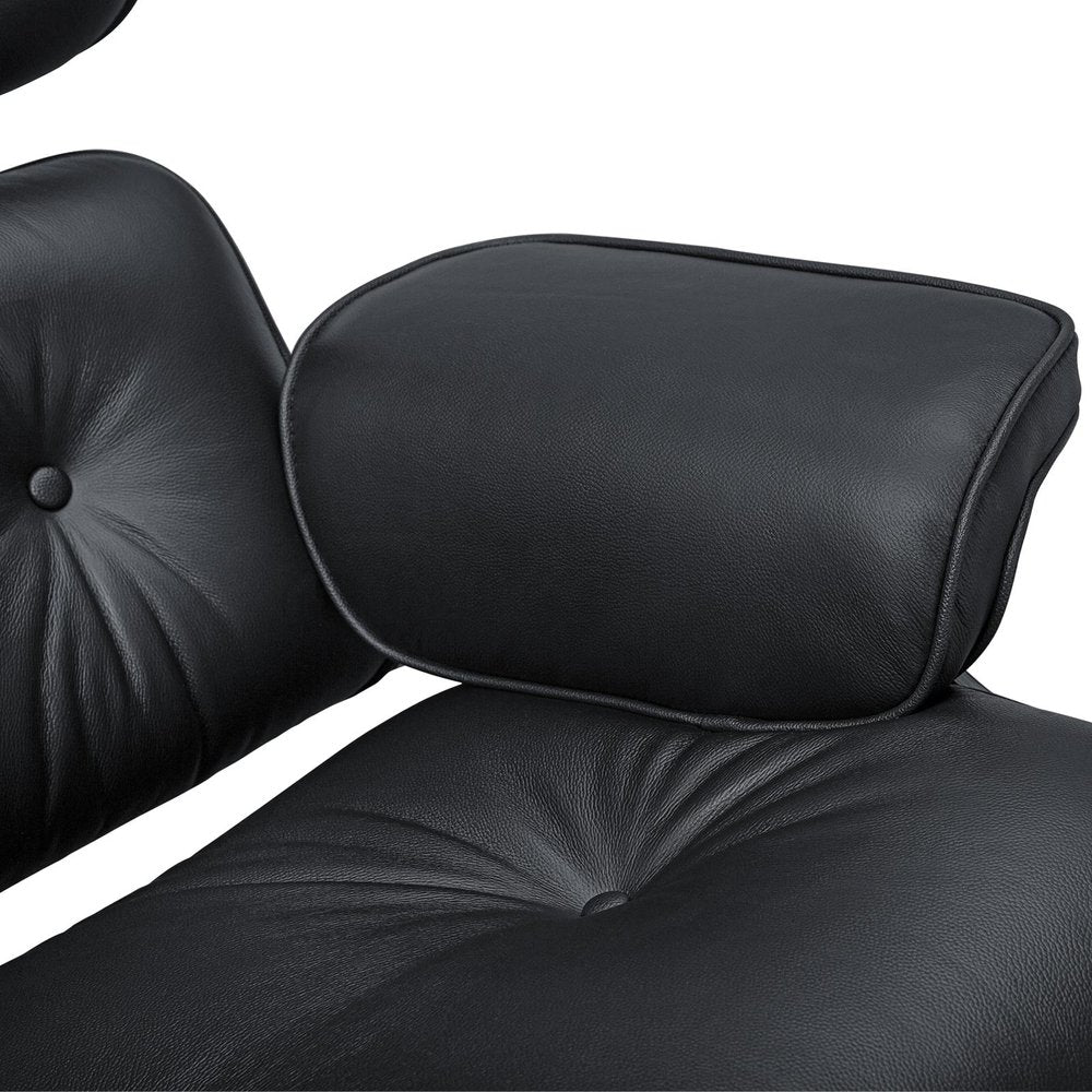 27" Black and Light Brown Tufted Genuine Leather Swivel Lounge Chair With Ottoman