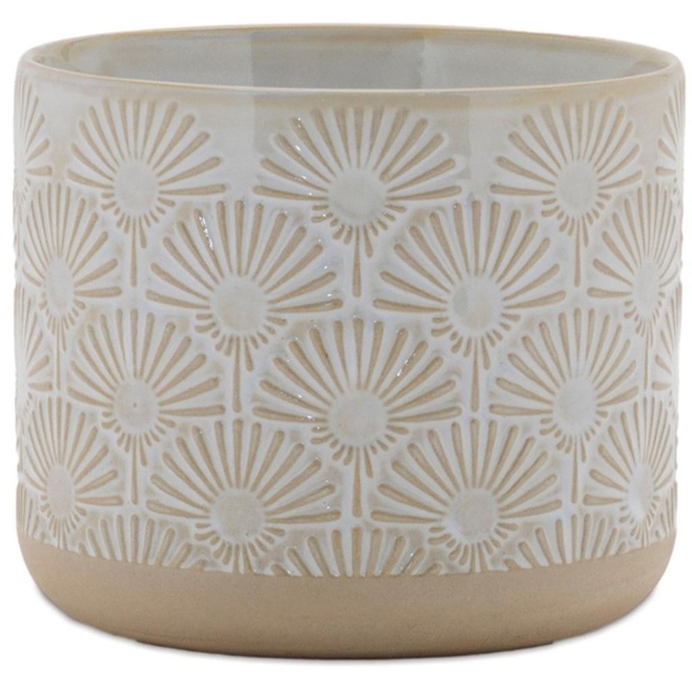 Set of Two Beige And White Porcelain 1 Ounce Geometric Round Pot Planters