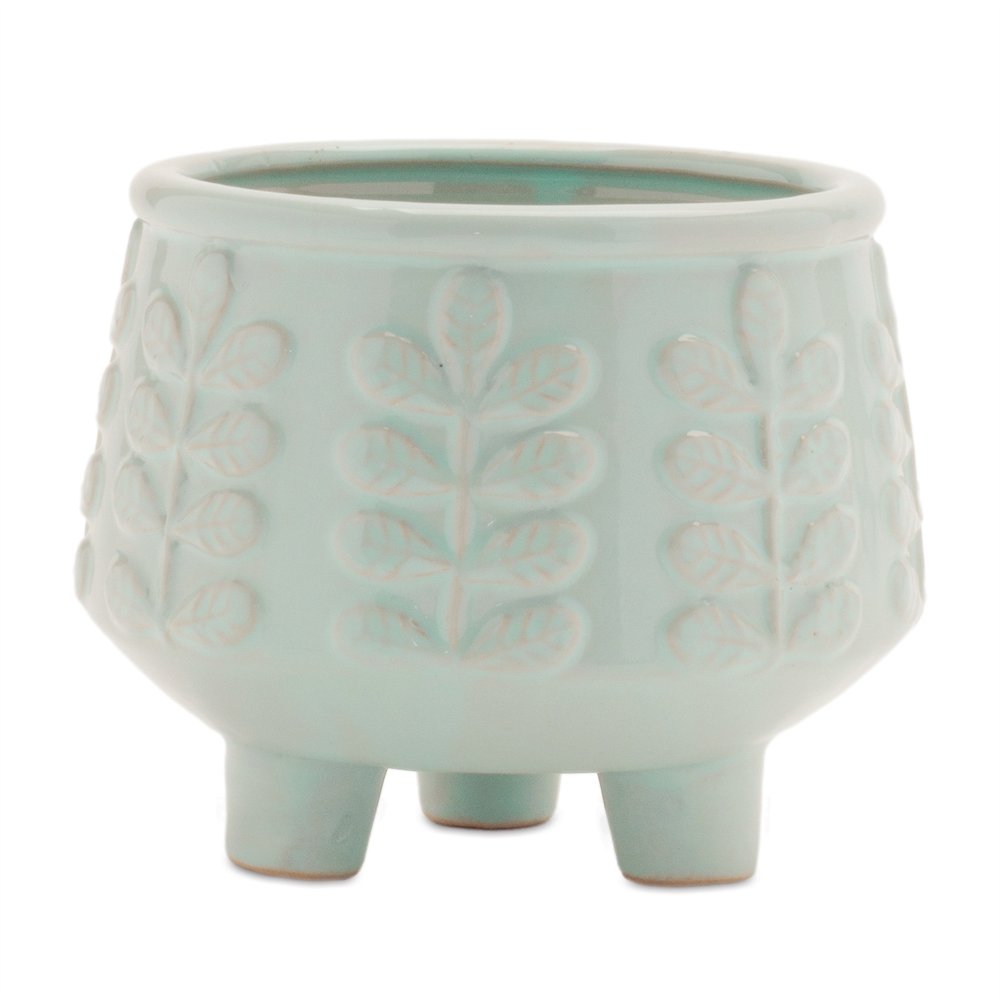 Set of Four Teal Blue Ceramic 1 Ounce Leaf Round Pot Planters