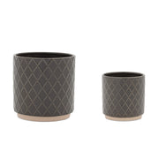 Set of Two Beige And Gray Ceramic 1 Ounce Lattice Round Pot Planters