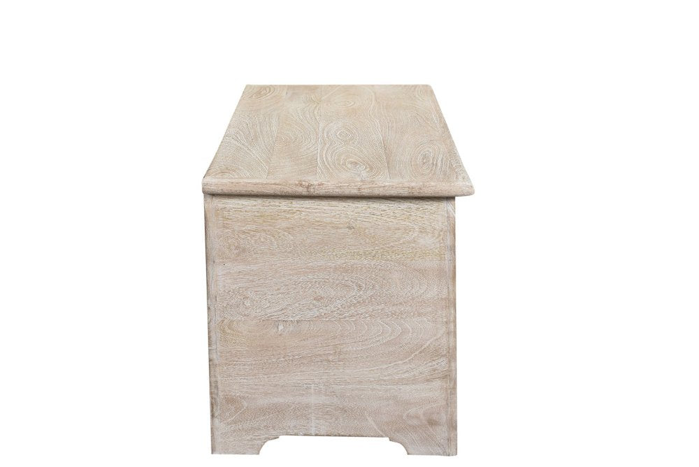 52" White Distressed Solid Wood Carved Floral Storage Ottoman