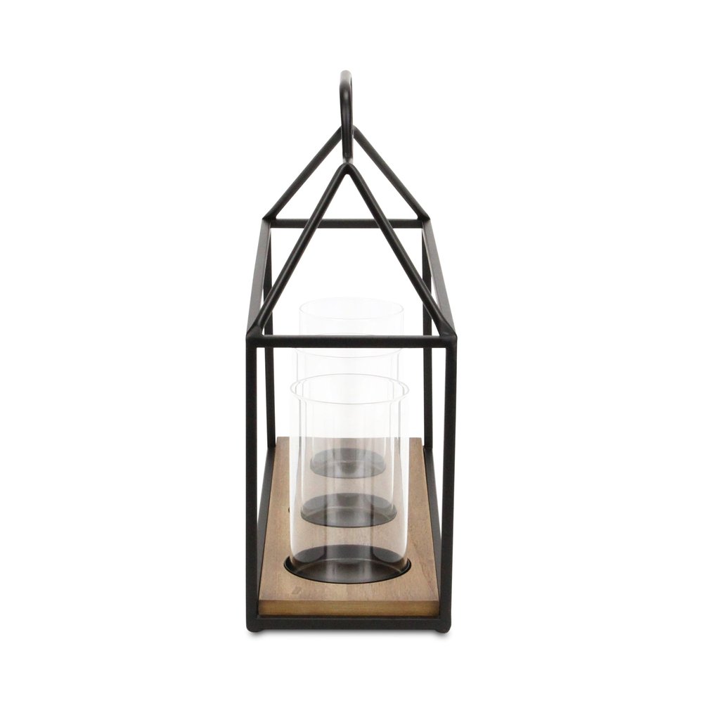 15" Black Metal Glass And Wood Geometric Three Light Hurricane Candle Holder