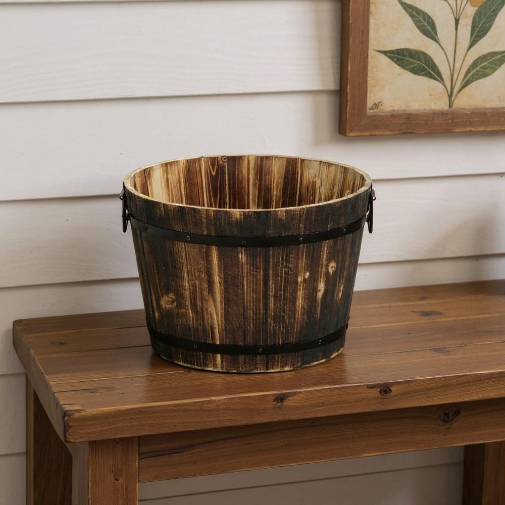 Brown Wood And Metal 800 Ounce Round Distressed Planter Box