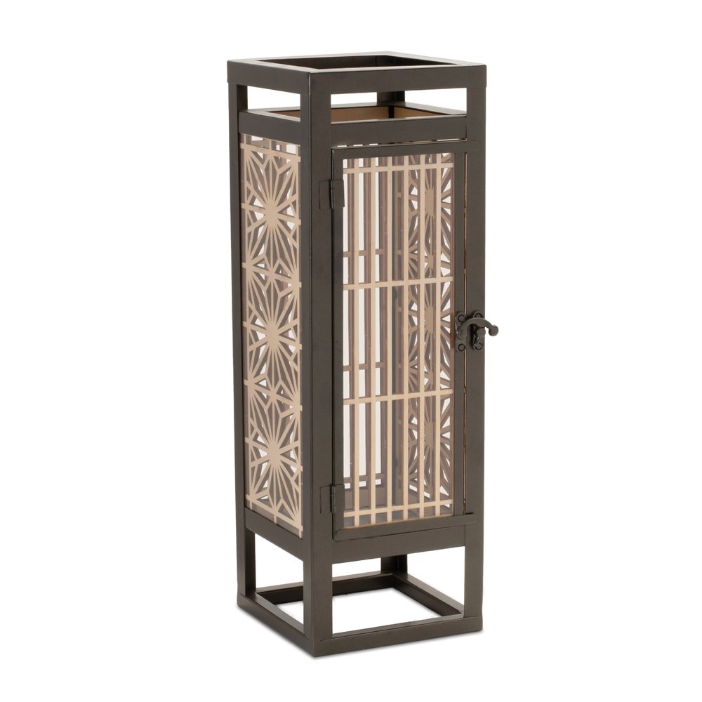 16" Brown Geometric Iron Tabletop Pillar Candle Holder