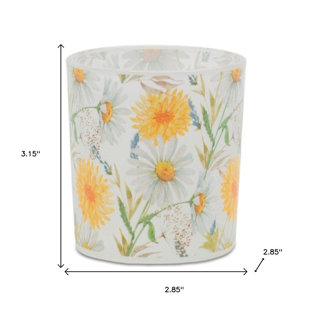Set of Three Yellow And Green Floral Glass Tabletop Pillar Candle Holders