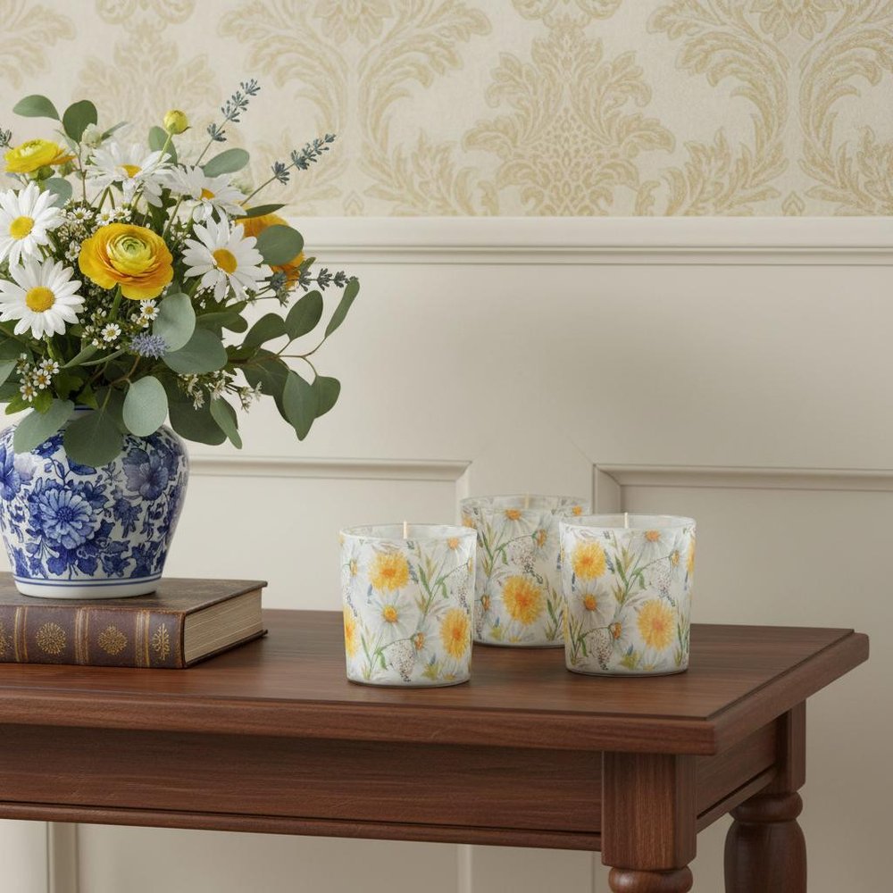 Set of Three Yellow And Green Floral Glass Tabletop Pillar Candle Holders