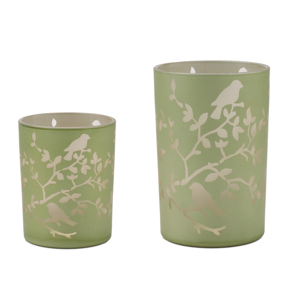 Set of Two Green Floral Glass Tabletop Pillar Candle Holders
