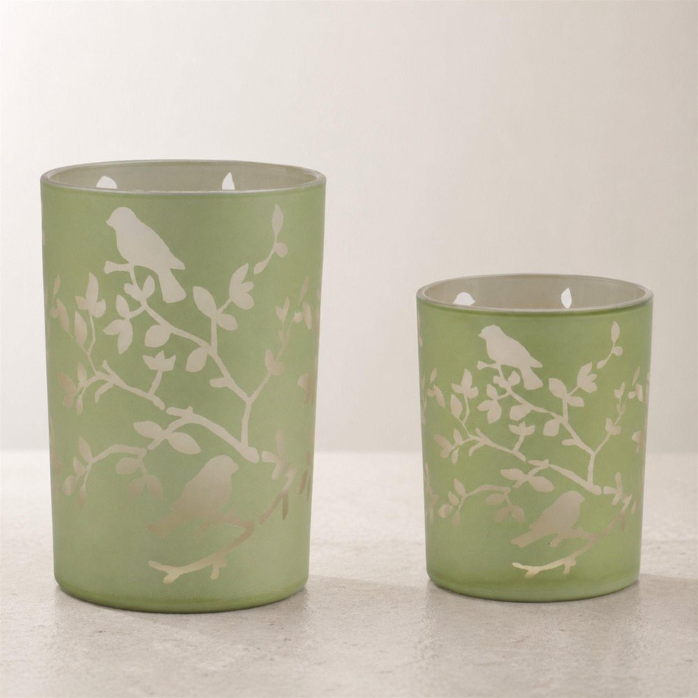 Set of Two Green Floral Glass Tabletop Pillar Candle Holders