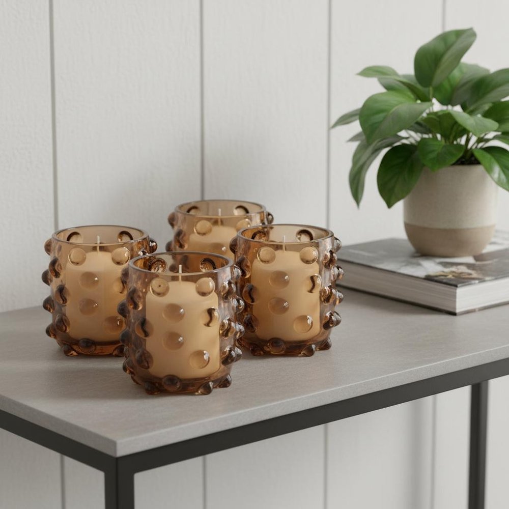 Set of Four Brown Glass Tabletop Pillar Candle Holders