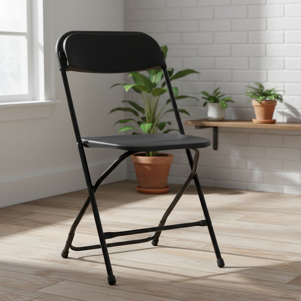 Set of Six Black Metal Outdoor Folding Stacking Dining Chairs