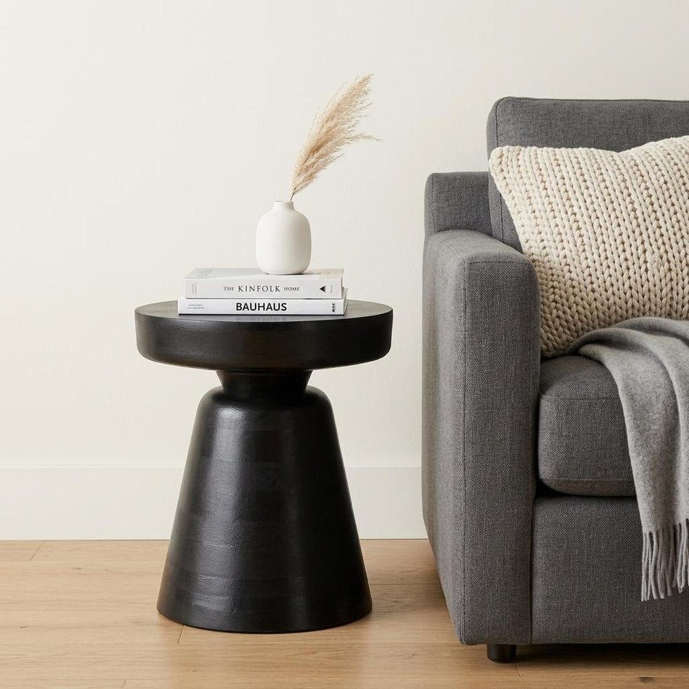 18" Black Solid Wood Round Pedestal End Table